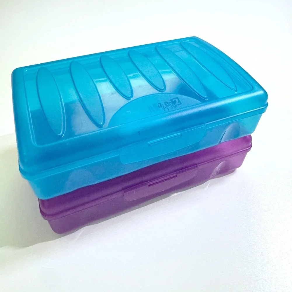 Spacemaker 2 Pencil Boxes VTG 90s Y2K Plastic School Supply Storage Blue Purple